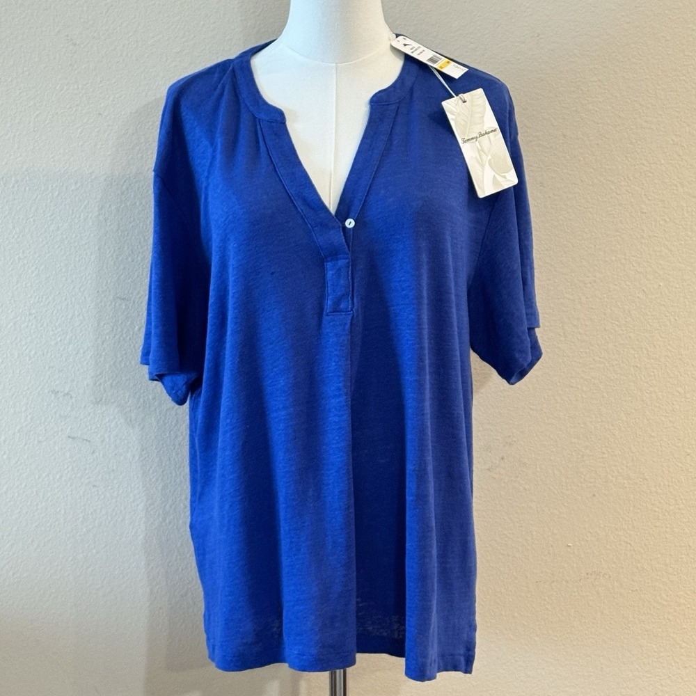 Tommy Bahama Linnea Linen Top Women M Cobalt Blue NWT Split Neck Relaxed Tee